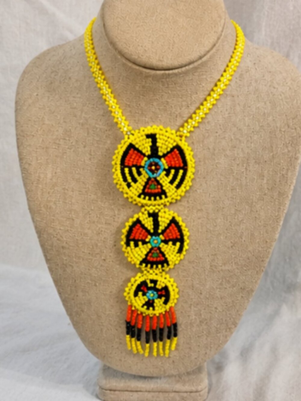 Vintage Native American Style Beaded Medallion Necklace Yellow Black Orange Hand